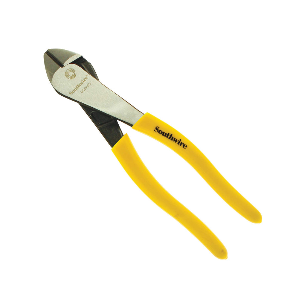 Southwire 8-inch diagonal cutting pliers with angled head for precise, clean cuts.