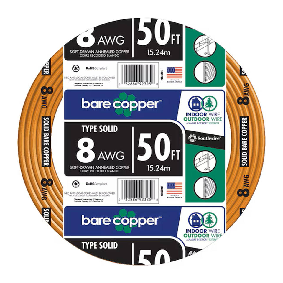 Southwire 8-Gauge bare copper grounding wire coil for reliable grounding.