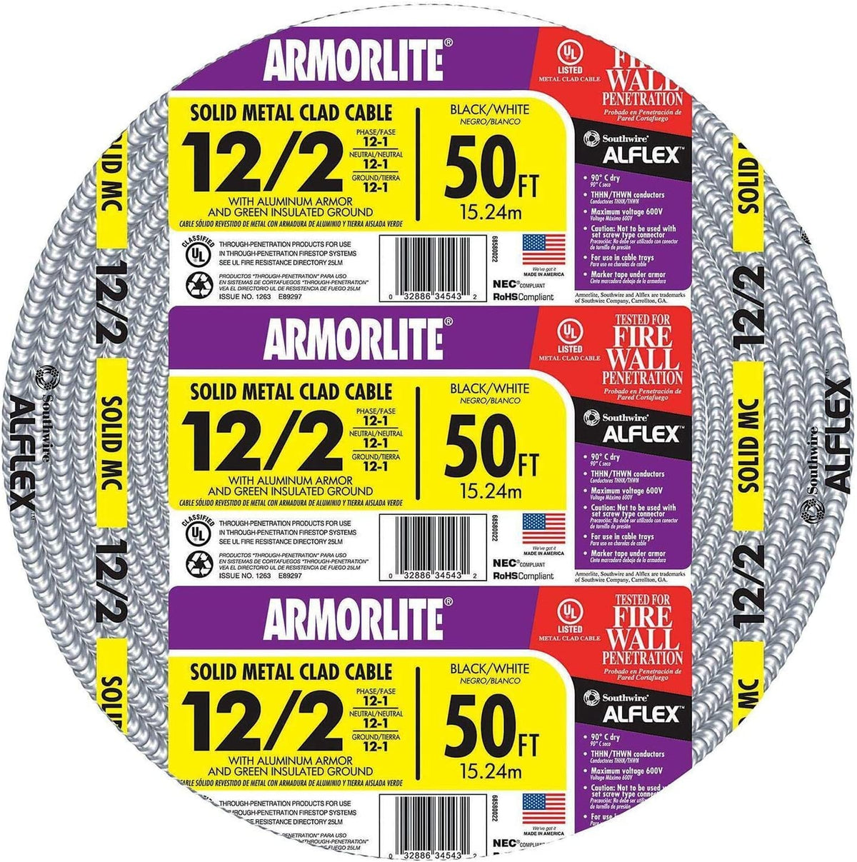 Southwire Armorlite 12-2 copper cable, 50 ft, flexible conductors for easy routing.