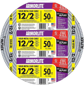 Southwire Armorlite 12-2 copper cable, 50 ft, flexible conductors for easy routing.