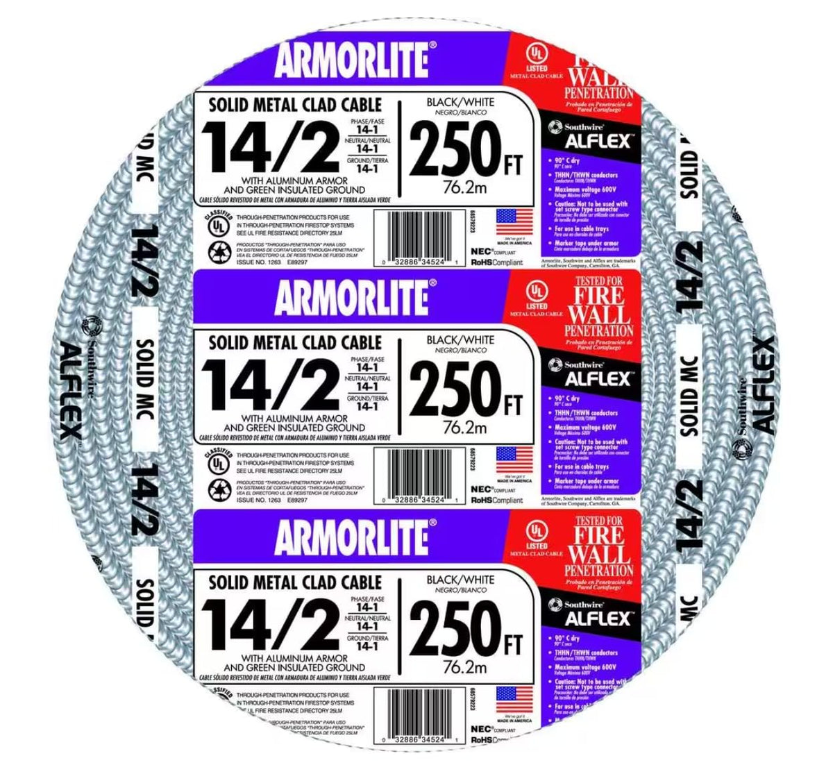 Southwire Armorlite aluminum armored cable 14-2 in a 250 ft coil for rugged power distribution