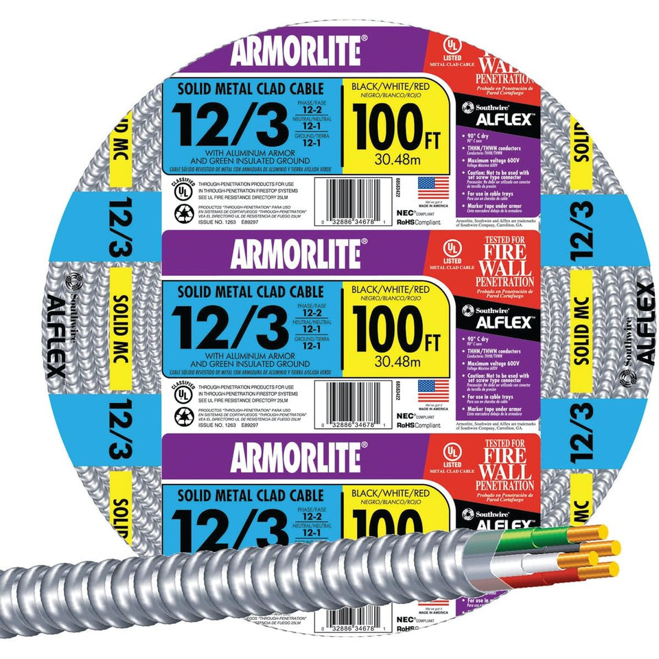 Southwire Armorlite MC Cable 12/3 100 ft with aluminum armor for durable power distribution.
