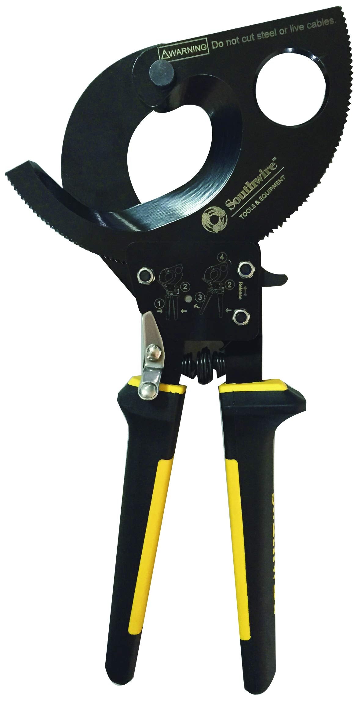 Southwire cable cutter tool with ratcheting action for clean, precise copper and aluminum wire cuts.