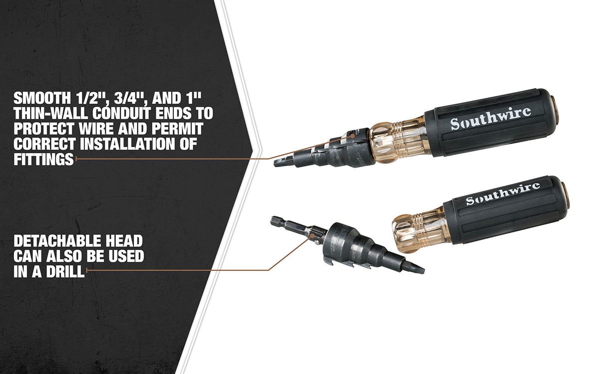 Southwire conduit fitting reaming screwdriver in action during conduit prep
