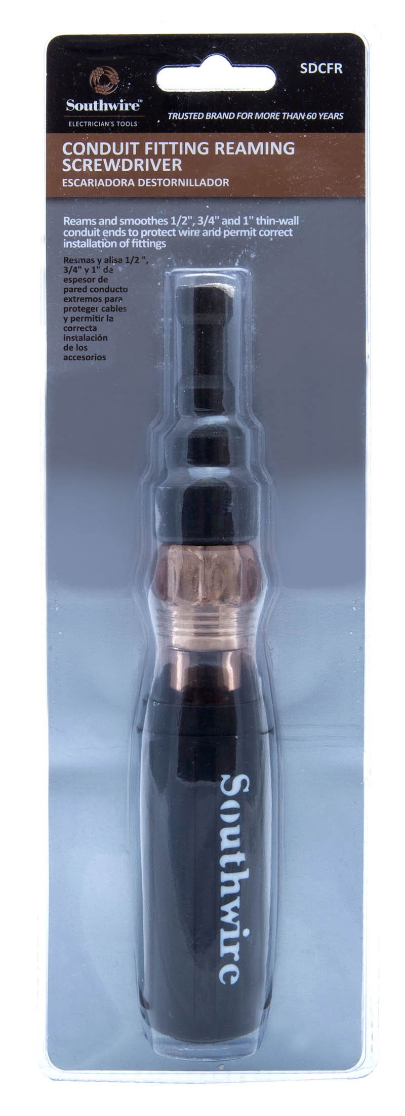 Southwire conduit fitting reaming screwdriver removable head enables quick hand or drill reaming