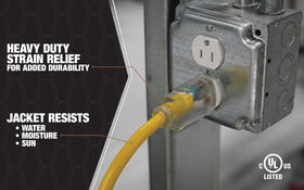 Southwire extension cord showing reinforced blades for prong protection