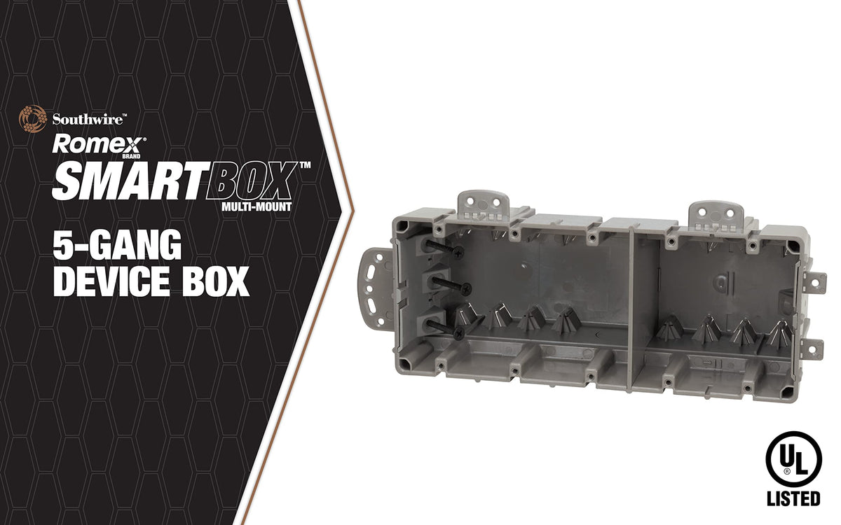 Southwire MSBMMT5G depth-adjustable mechanism highlights flexible fit for varying wall depths and cable runs.