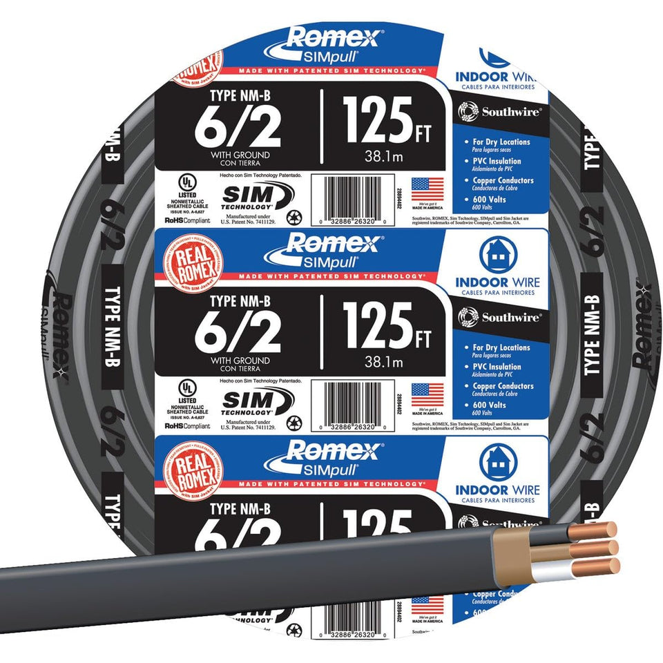Southwire NM-B cable on a spool, suitable for dry indoor installations up to 600V