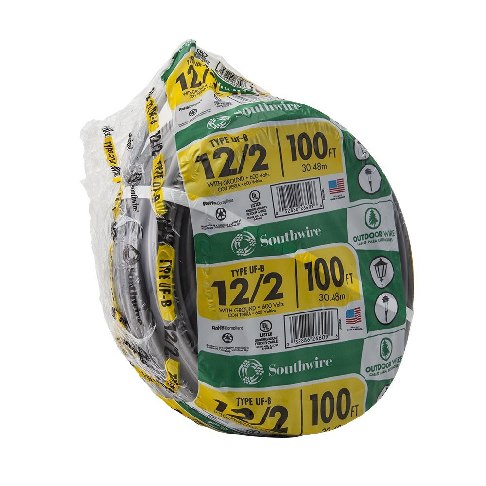 Outdoor power wiring with Southwire 12/2 UF B for weather resistance.