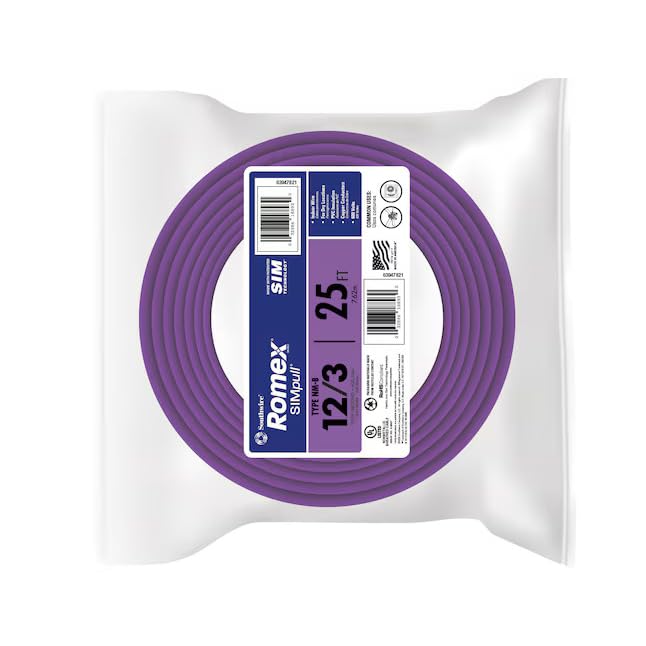 Southwire Romex SIMpull NM-B 12/3 copper cable with purple jacket for residential wiring