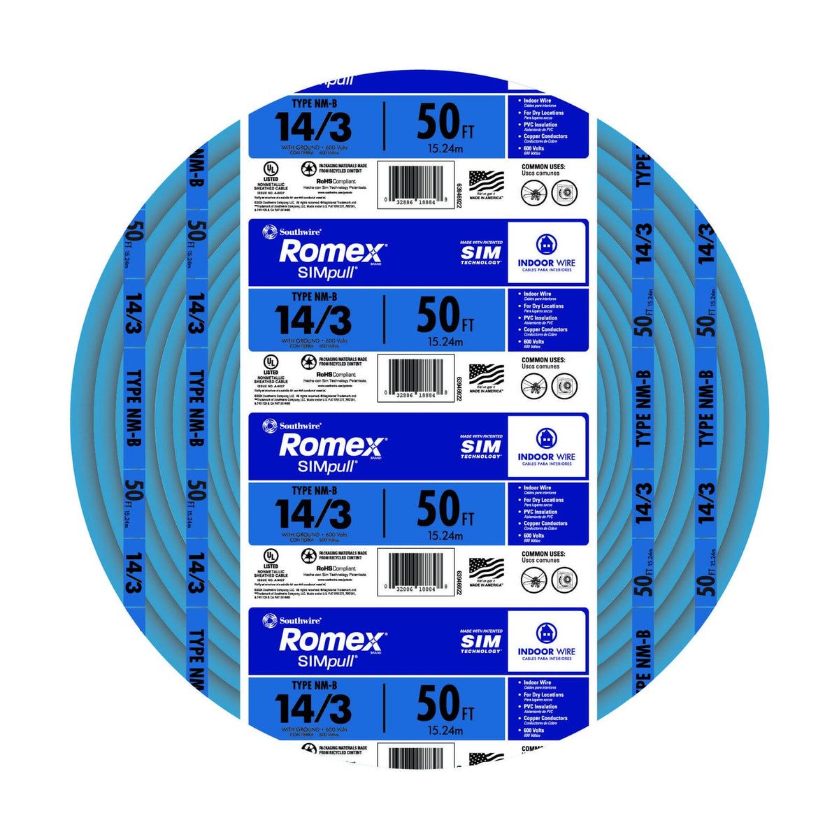 Southwire Romex SIMpull 14/3 blue copper conductors support reliable circuits.
