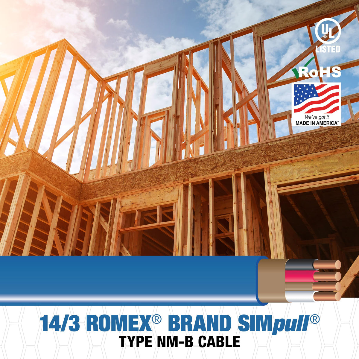 Southwire Romex SIMpull 14/3 blue NM-B cable suitable for indoor wiring.