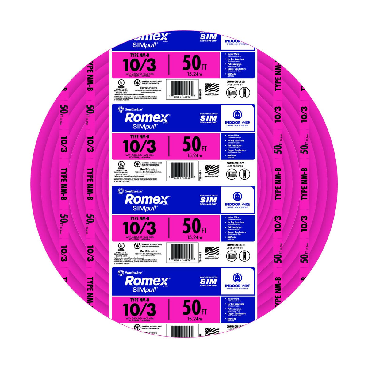 Southwire Romex SIMpull NM-B pink jacket closeup shows flexible jacket for easy install.