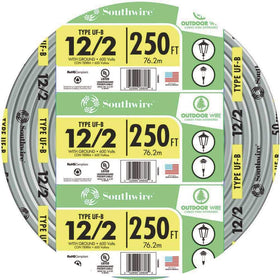 Southwire UF-B 12/2 AWG 250 ft cable coil for direct burial in wet locations.
