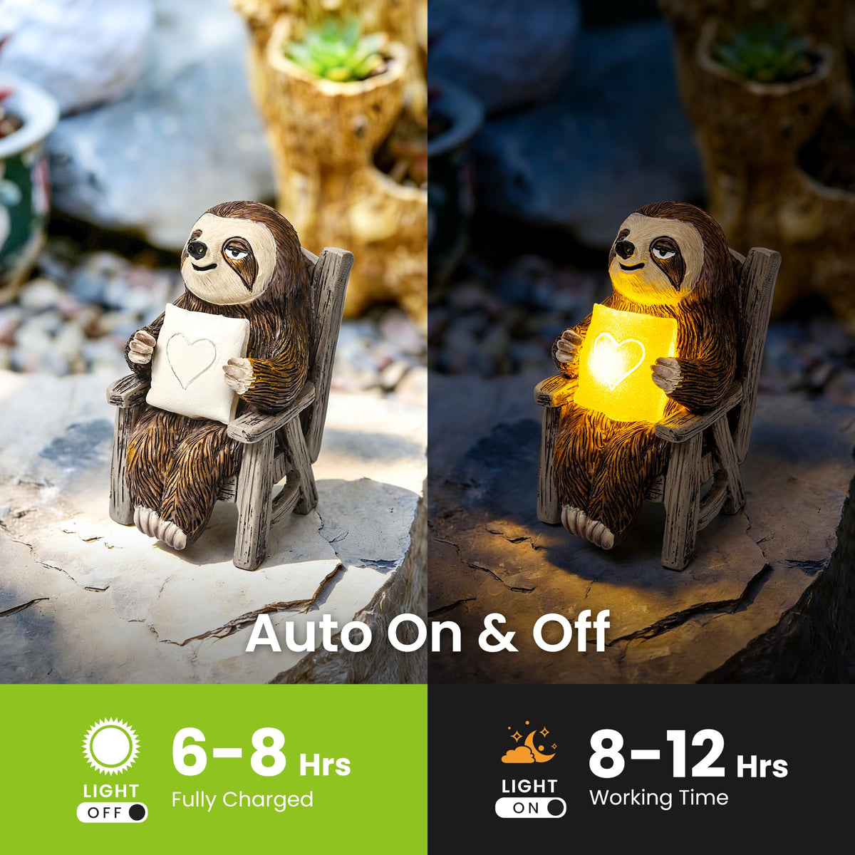 SOWSUN solar-powered sloth statue glows softly at night.