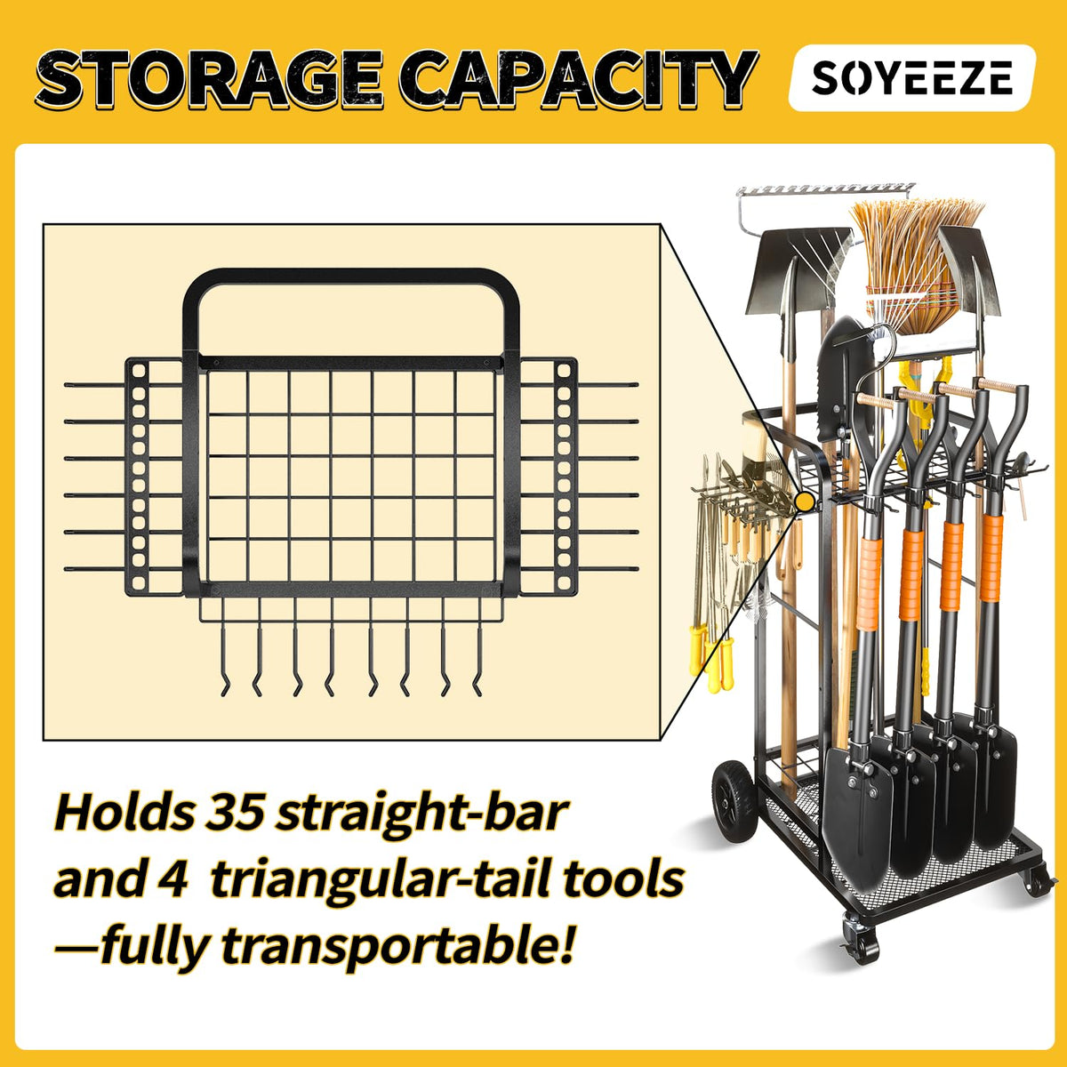 SOYEEZE adjustable middle shelf adapts to various tool lengths.