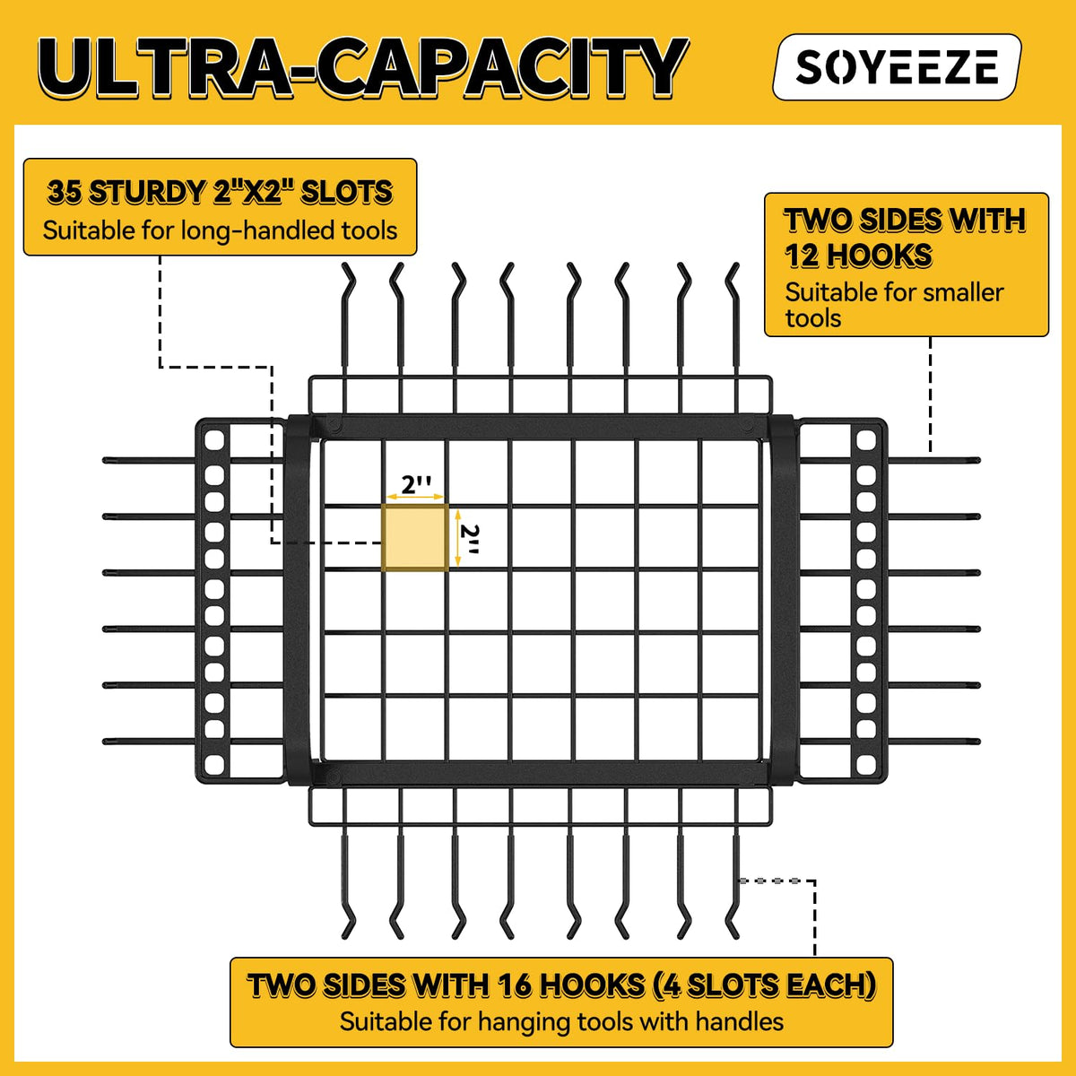 SOYEEZE Garden Tool Organizer hooks and slots keep tools accessible and tidy