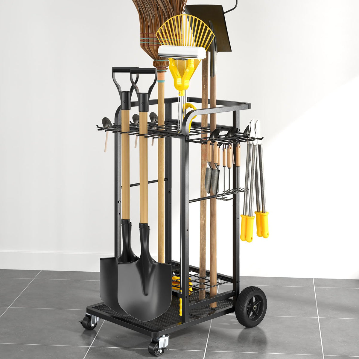 SOYEEZE garden tool organizer with large wheels enables easy transport.