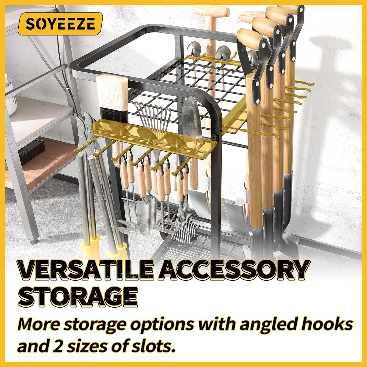 SOYEEZE iron mesh bottom stores small parts securely.