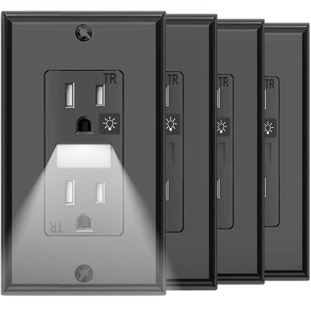 SOZULAMP black wall outlet with night light brightens dim hallways.