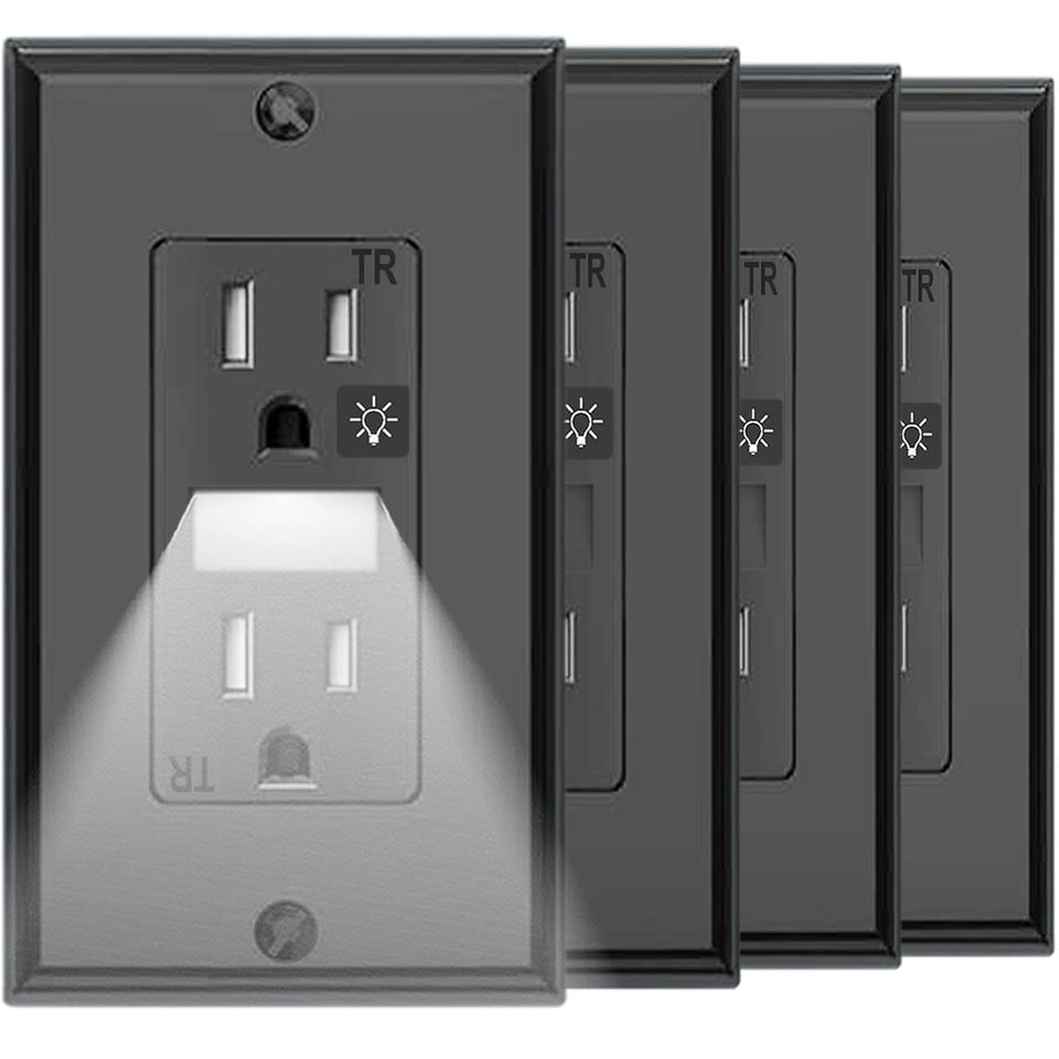 SOZULAMP black wall outlet with night light brightens dim hallways.