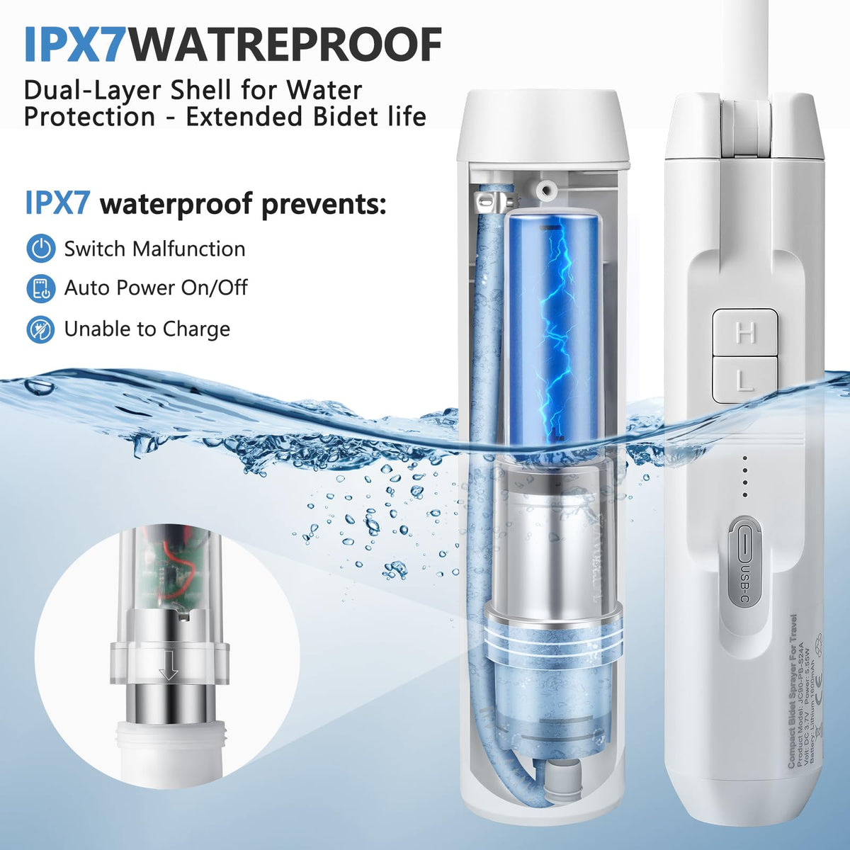 SPACEREST portable bidet 1600mAh-battery ensures long runtime and USB-C charging.