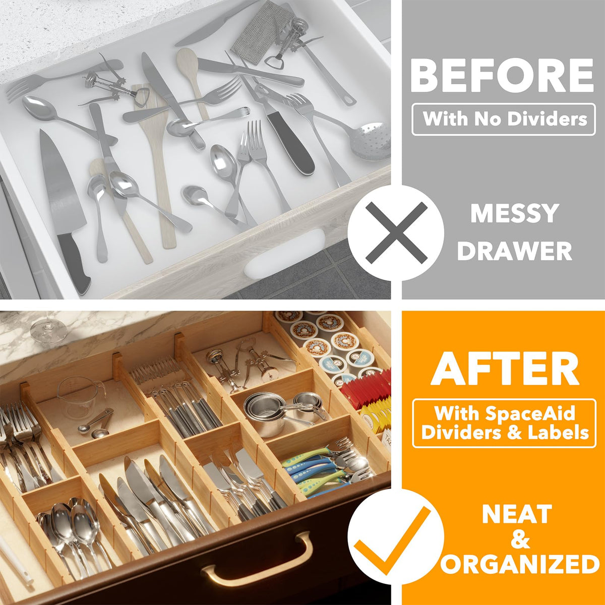SpaceAid bamboo dividers organizing a kitchen drawer with utensils