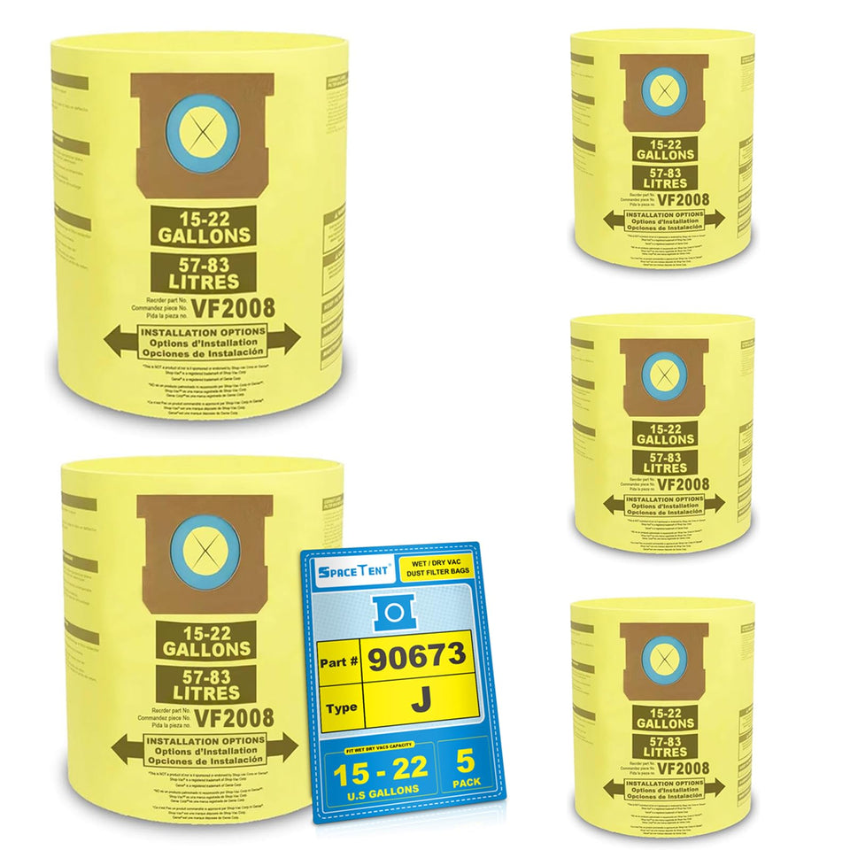 SpaceTent 90673 Type J bags 5-pack stacked for 15-22 gallon vacuums