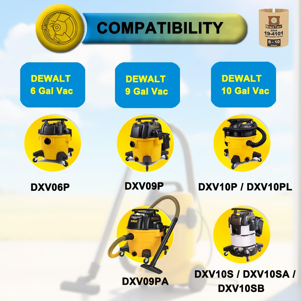 SpaceTent DXVA19-4101 compatible with DEWALT 6-10 gallon vacuums for quick swaps.