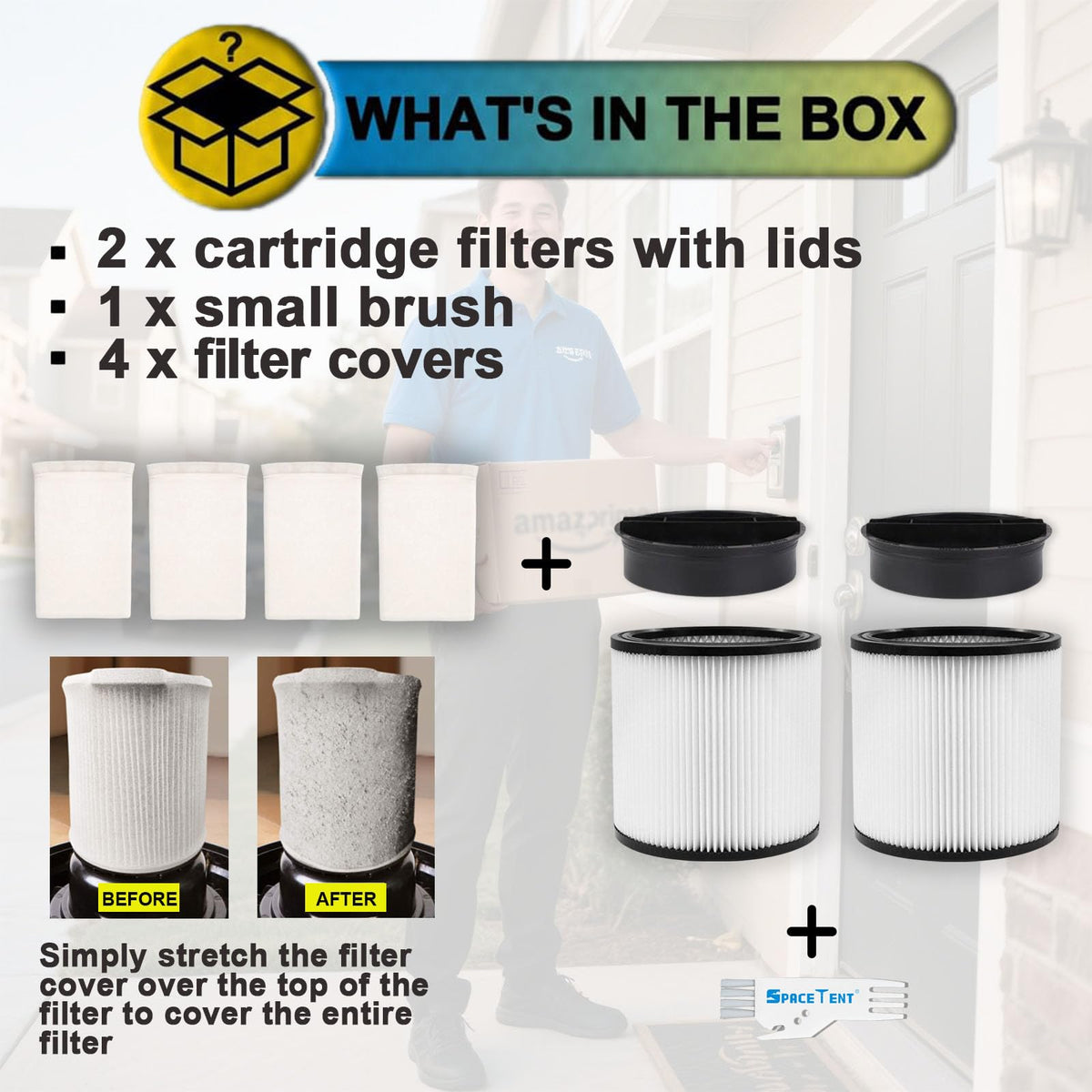 SpaceTent filter covers and pre-filters improve efficiency and protect the main filter.