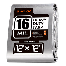 SpacEver 12x12ft waterproof tarp cover protecting outdoor gear from rain and sun.