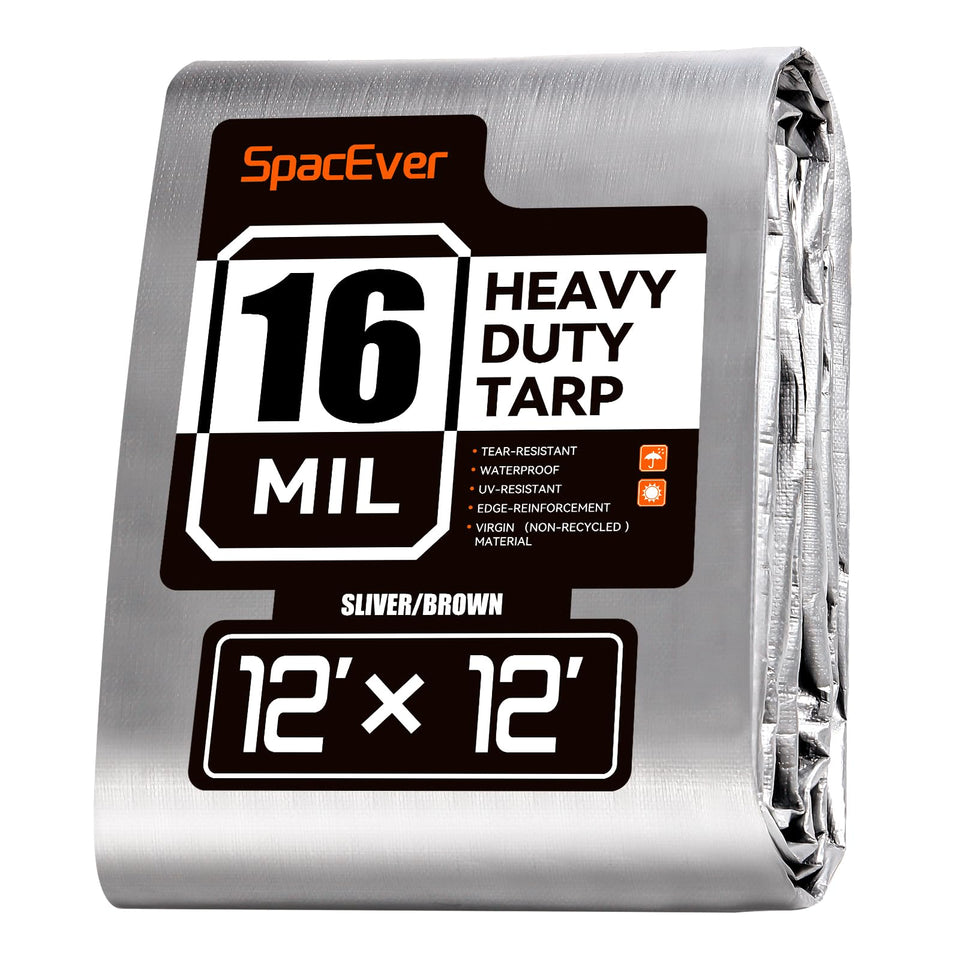 SpacEver 12x12ft waterproof tarp cover protecting outdoor gear from rain and sun.