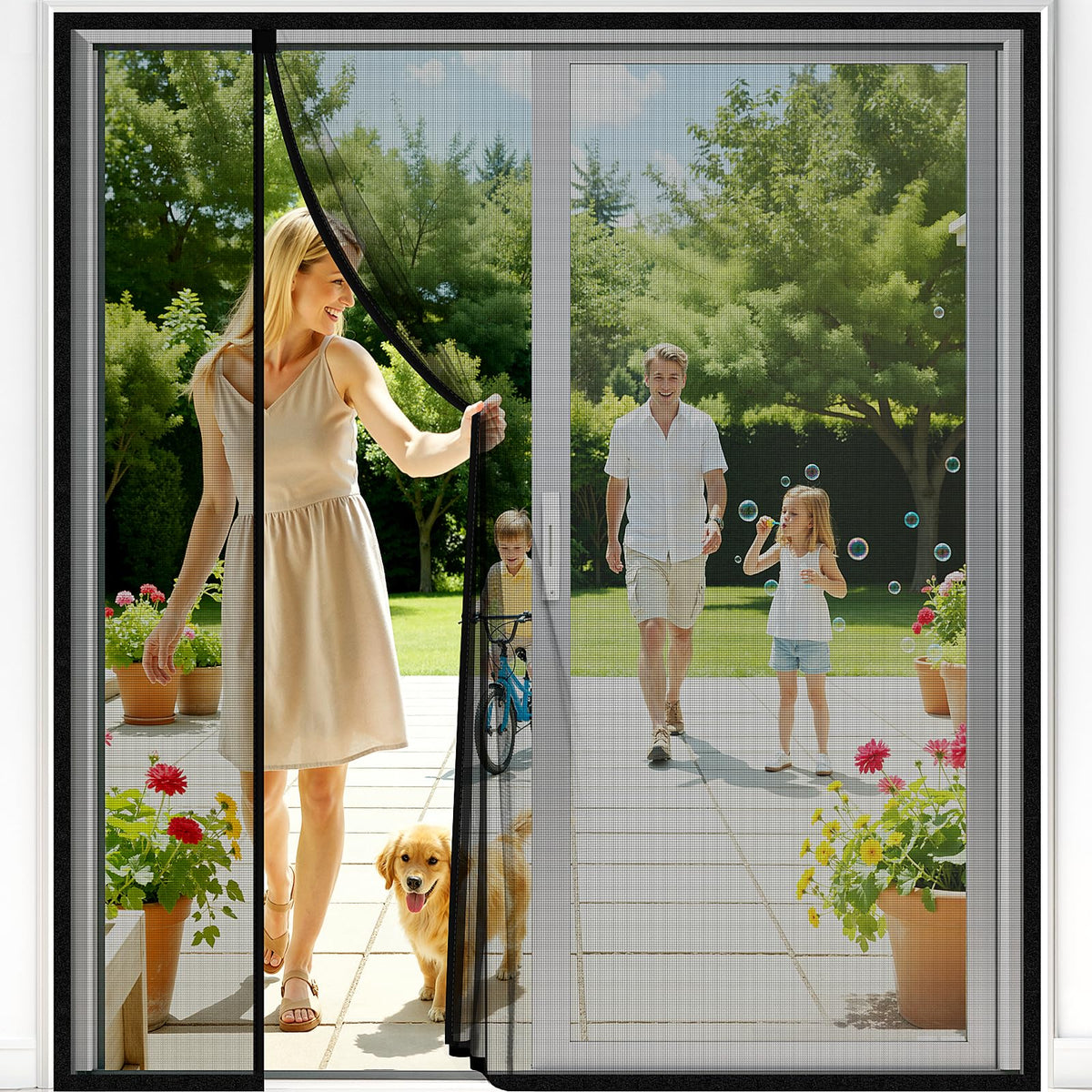 SpaceWhisper magnetic-closure-screen-door on door shows quick, hands-free entry.