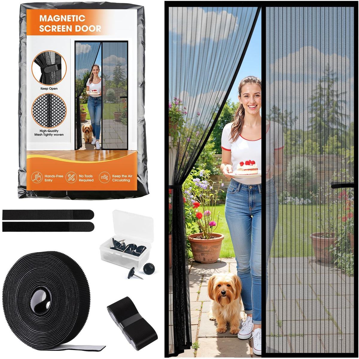 SpaceWhisper magnetic screen door closure in action enables hands-free pest protection.