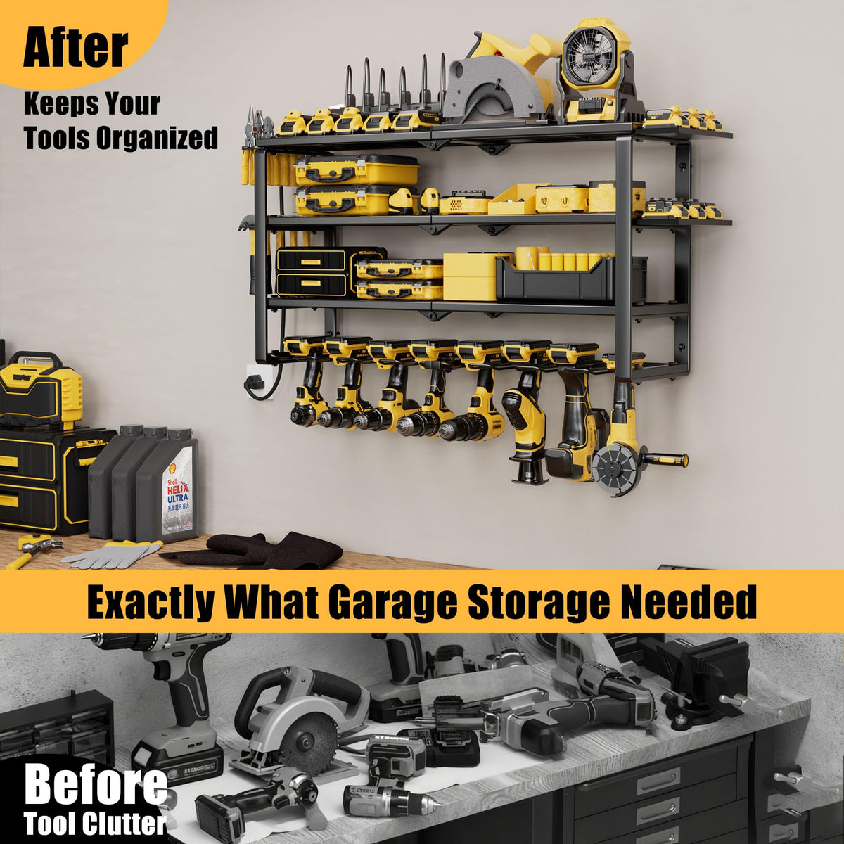 Spampur cordless tools and batteries neatly organized.