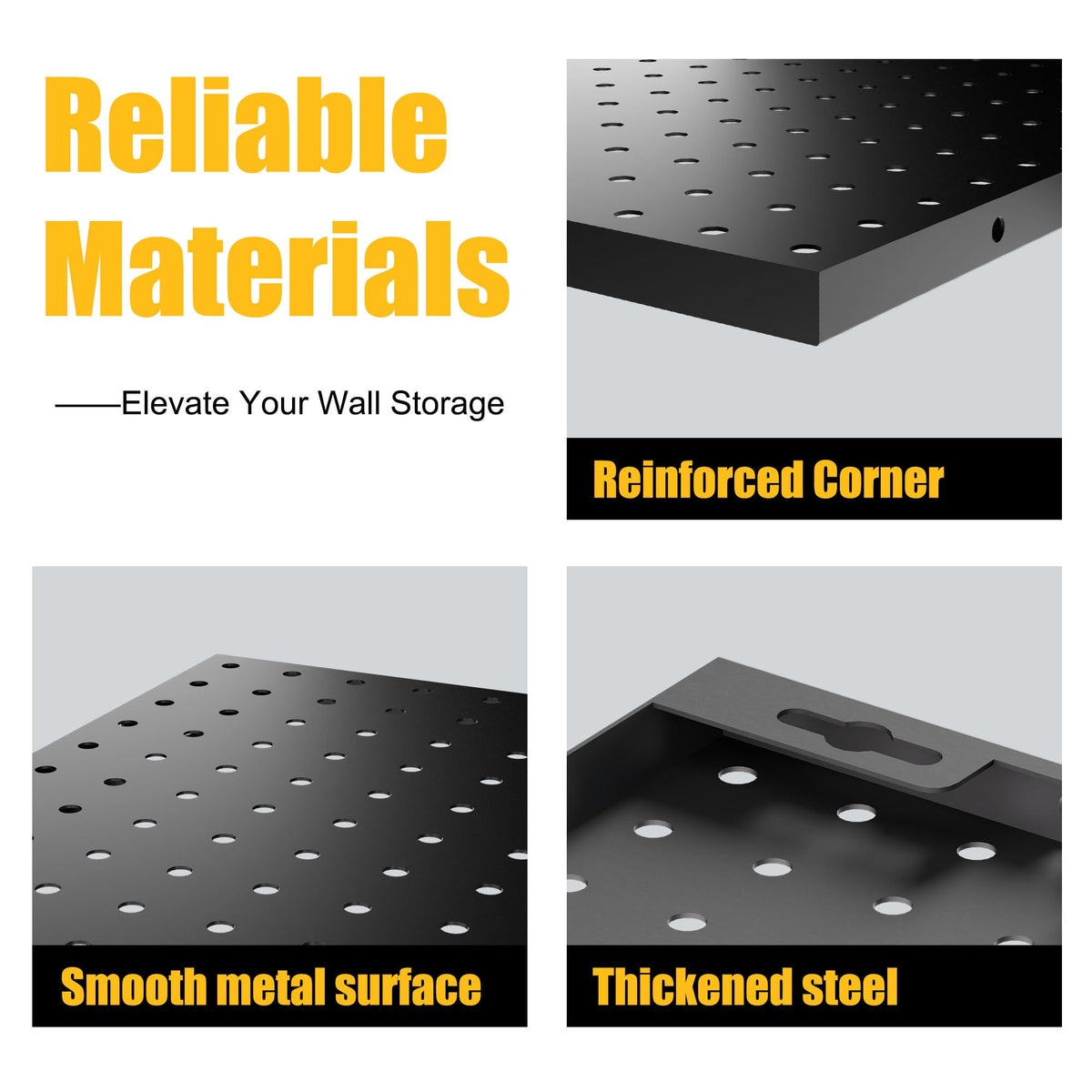 Spampur pegboard with powder-coated finish resists scratches and cleans easily.