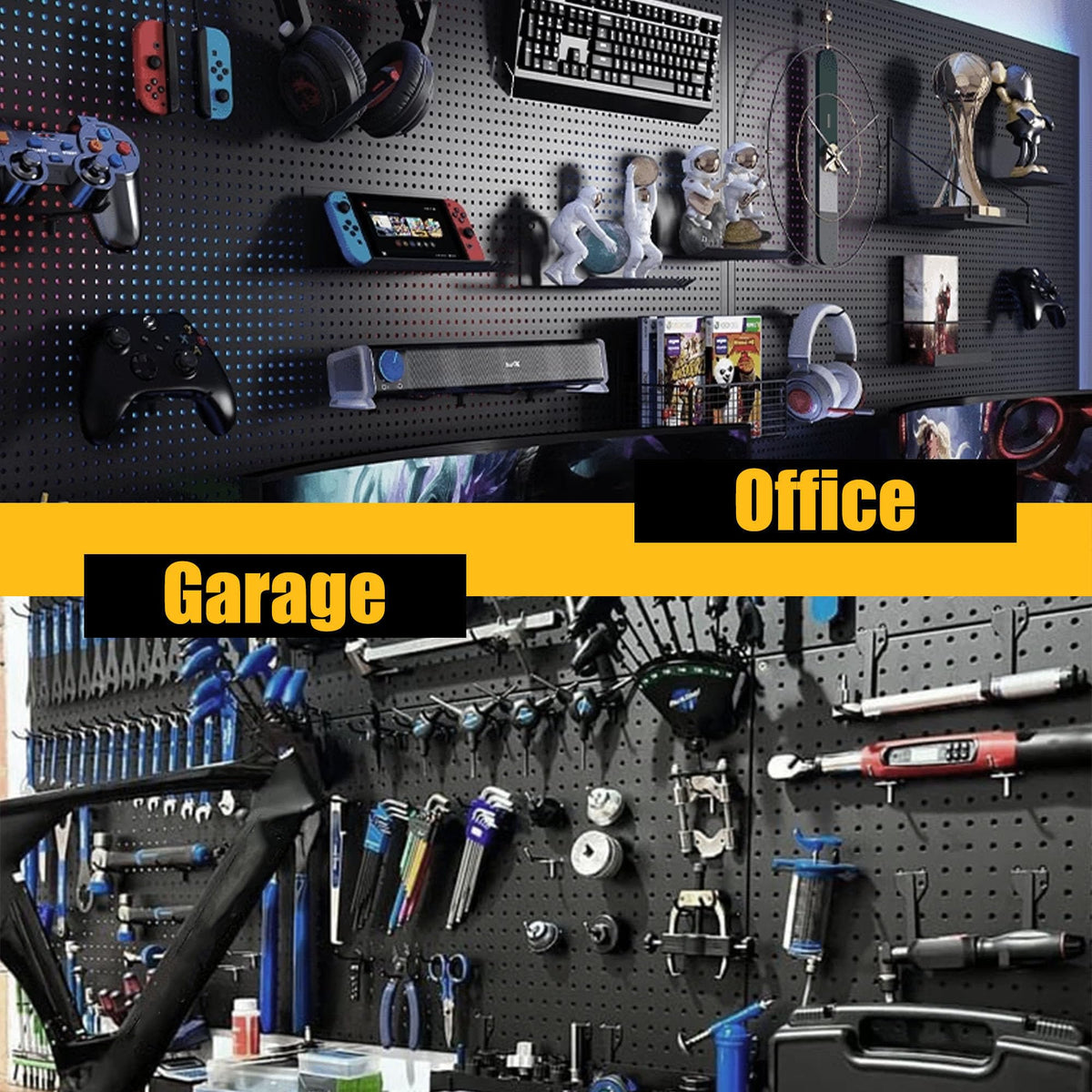 Spampur pegboard panels fit 1/8 and 1/4 inch hooks.