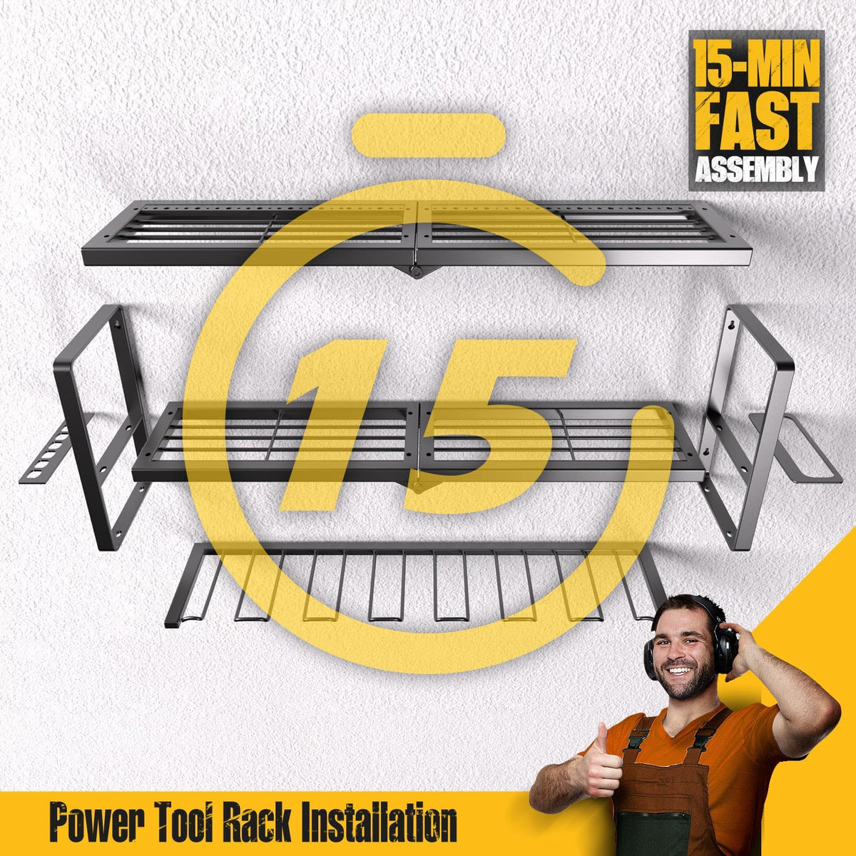 Spampur power tool organizer quick to assemble on a garage wall.