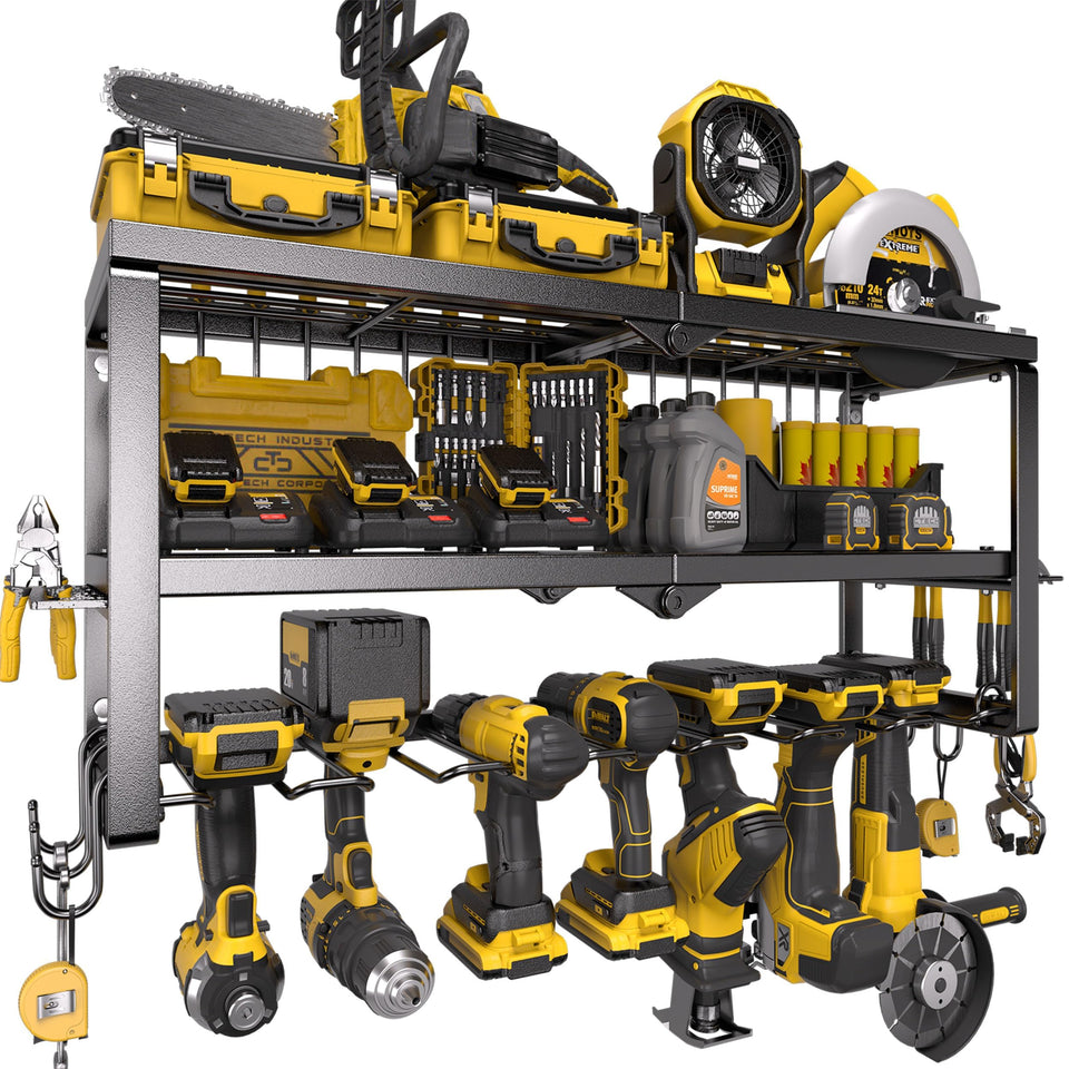 Spampur power tool organizer on wall mount keeps tools within easy reach.