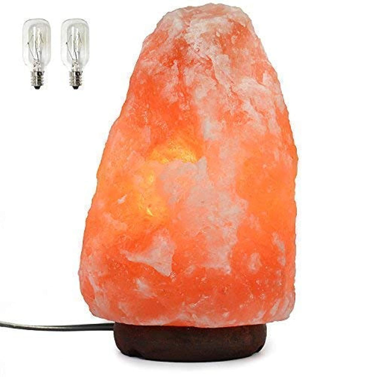 Spantik Himalayan salt lamp with dimmer cord on wood base for ambient lighting.