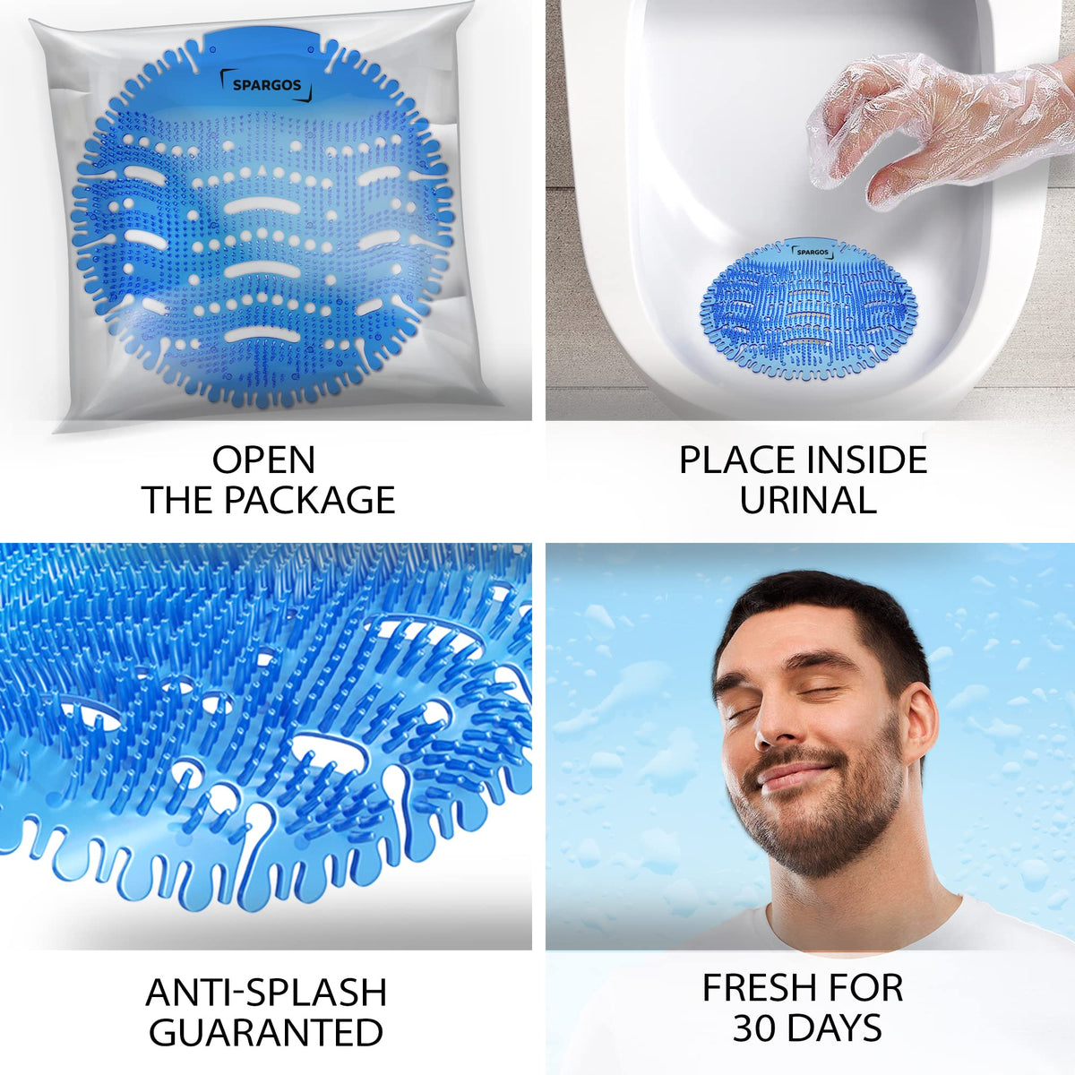 SPARGOS blue-ocean-breeze screens create a pleasant restroom environment.