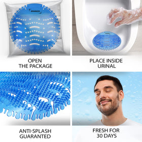SPARGOS blue-ocean-breeze screens create a pleasant restroom environment.