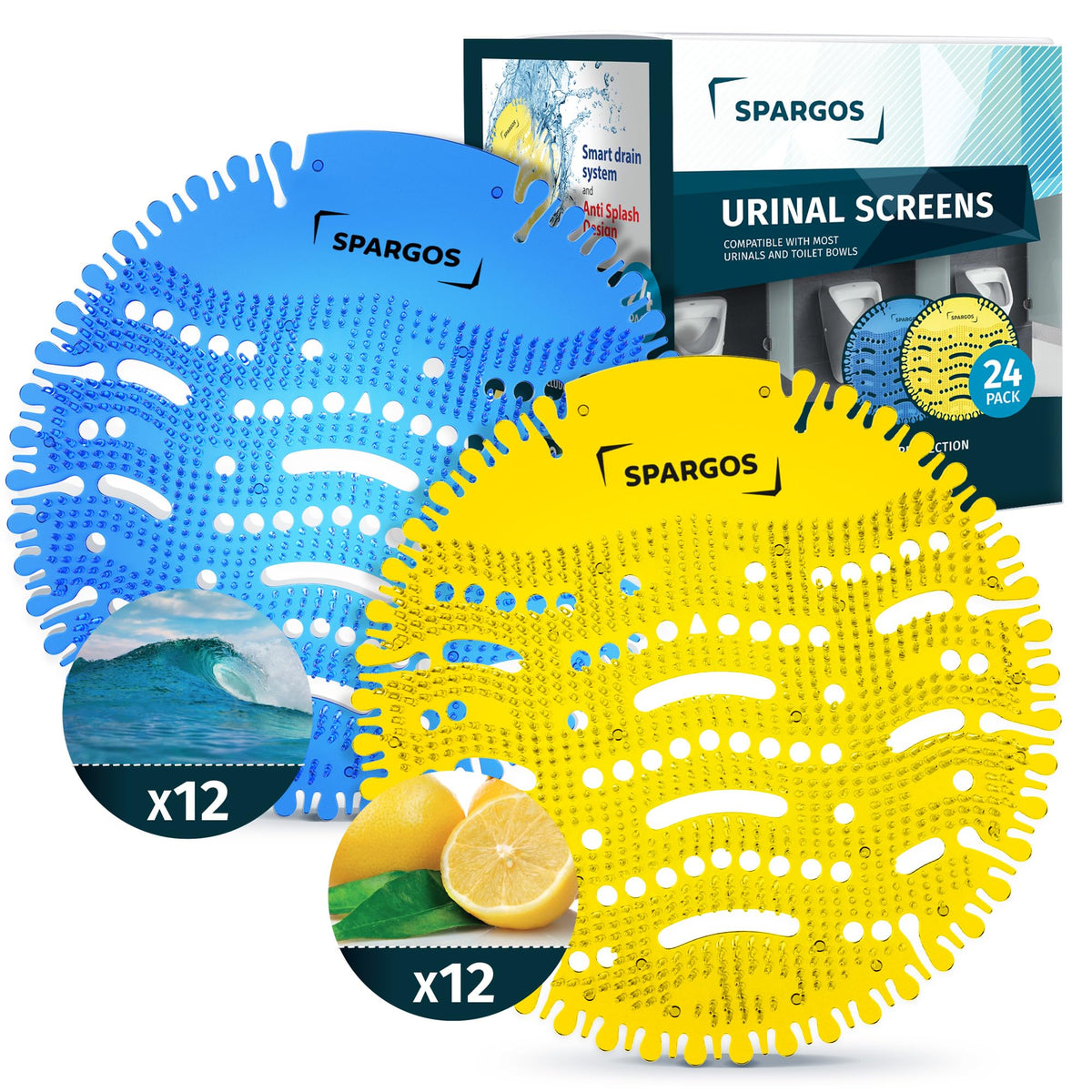 SPARGOS urinal screen in blue ocean scent for a fresher bathroom.