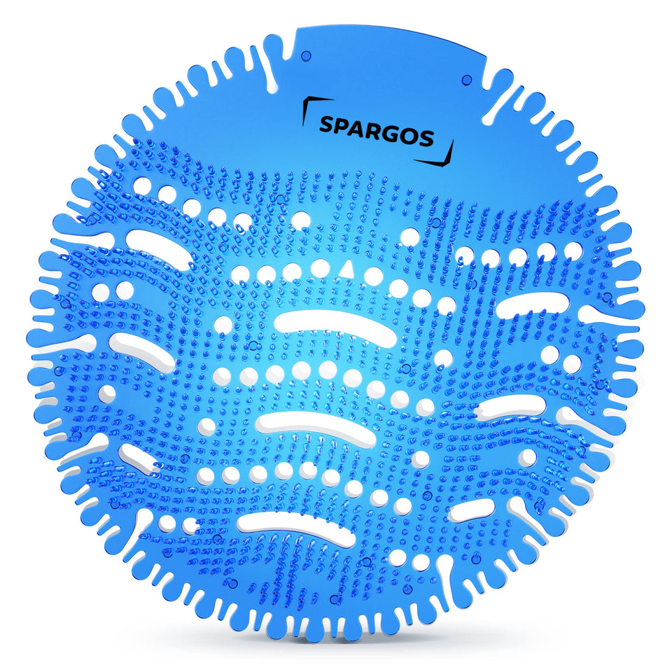 SPARGOS urinal-screen-deodorizer 24-pack keeps bathrooms smelling fresh with ocean breeze scent.