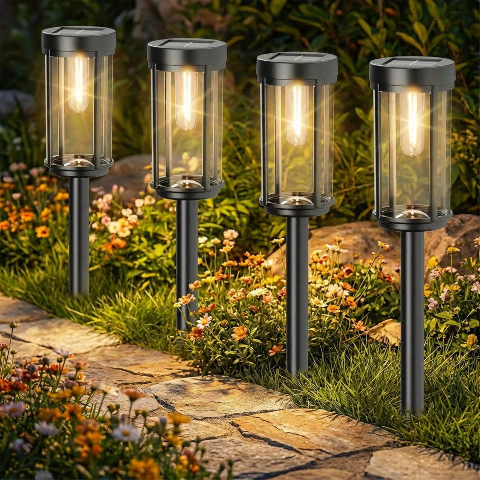 Sparkblaze 12-pack solar pathway lights illuminate walkways with warm white glow.
