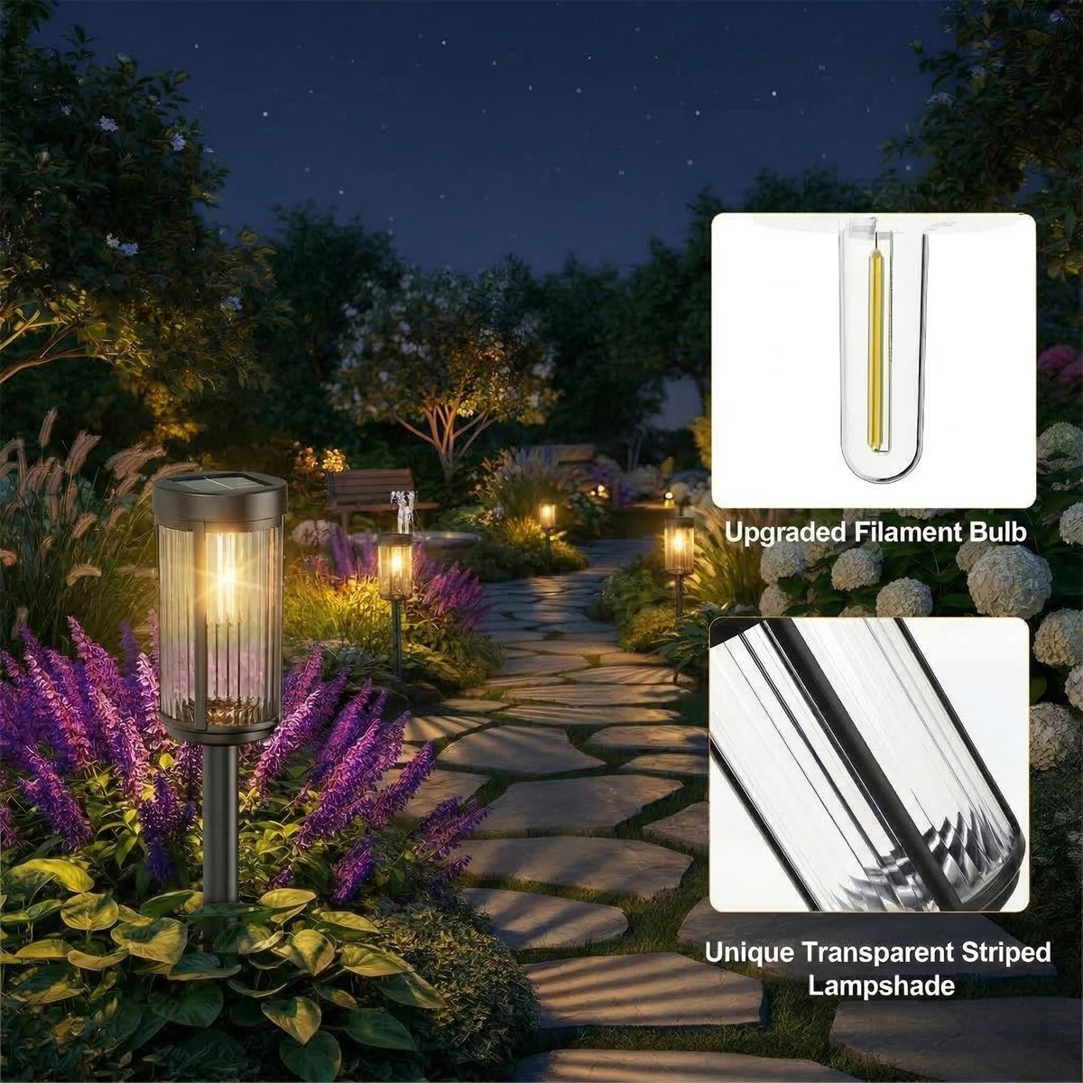 Sparkblaze solar garden light over a flower bed adds warm decorative glow
