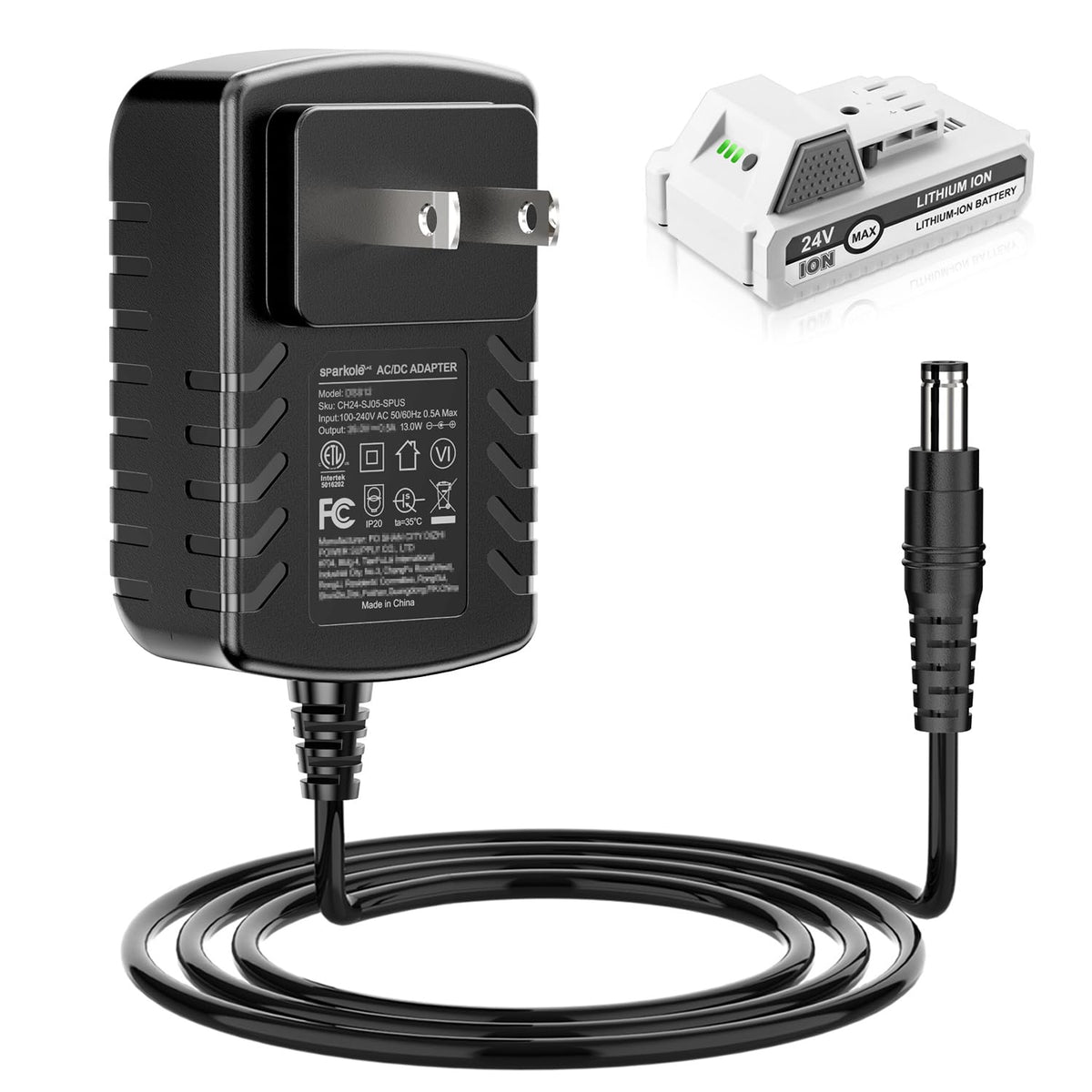 SPARKOLE 24VCharge QC front view for Snow Joe and Sun Joe batteries, enabling quick charging