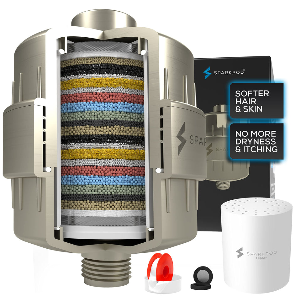SparkPod 23-stage shower filter in brushed nickel, close-up, reduces chlorine for softer hair.