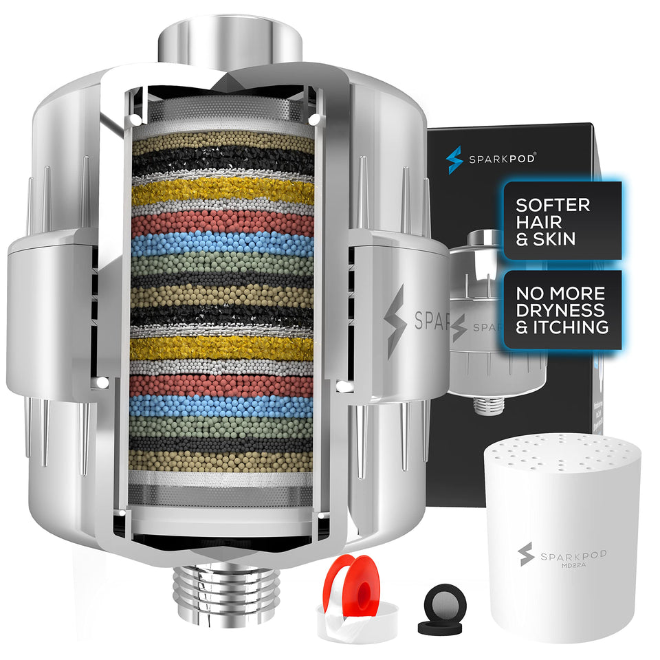 SparkPod 23-stage shower head filter chrome reduces chlorine for healthier hair and skin.