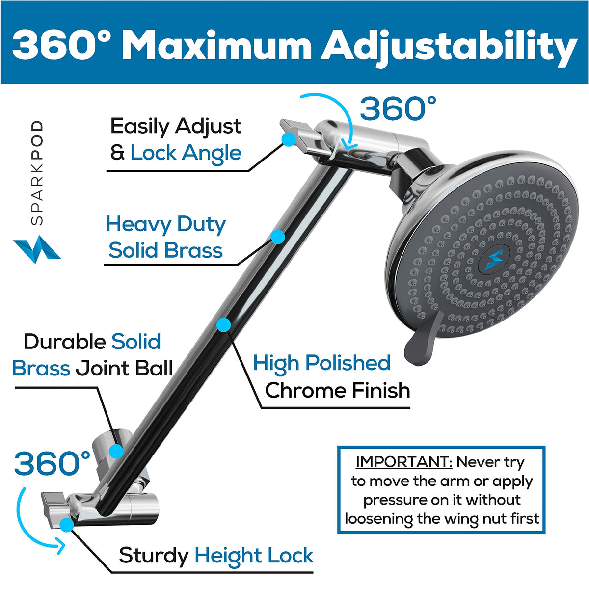 SparkPod brass extension arm adjustable height for customizable showers.